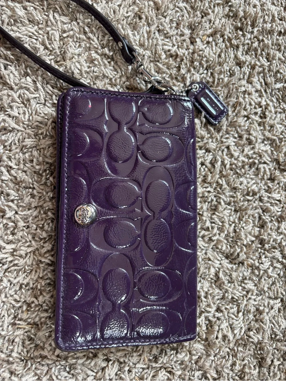 Coach Patent Leather Wristlet Phone Case in Deep Purple